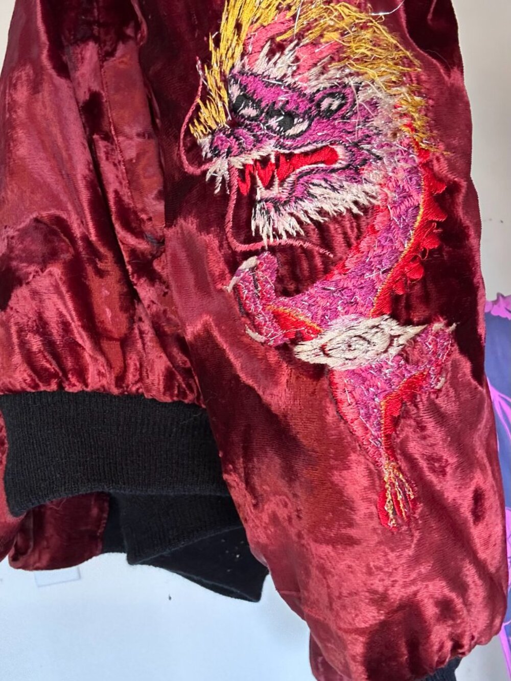 Vtg 80s 90s Crushed Velvet Sukajan Souvenir Jacket - Korea Dragon Bomber - Picture 5 of 16